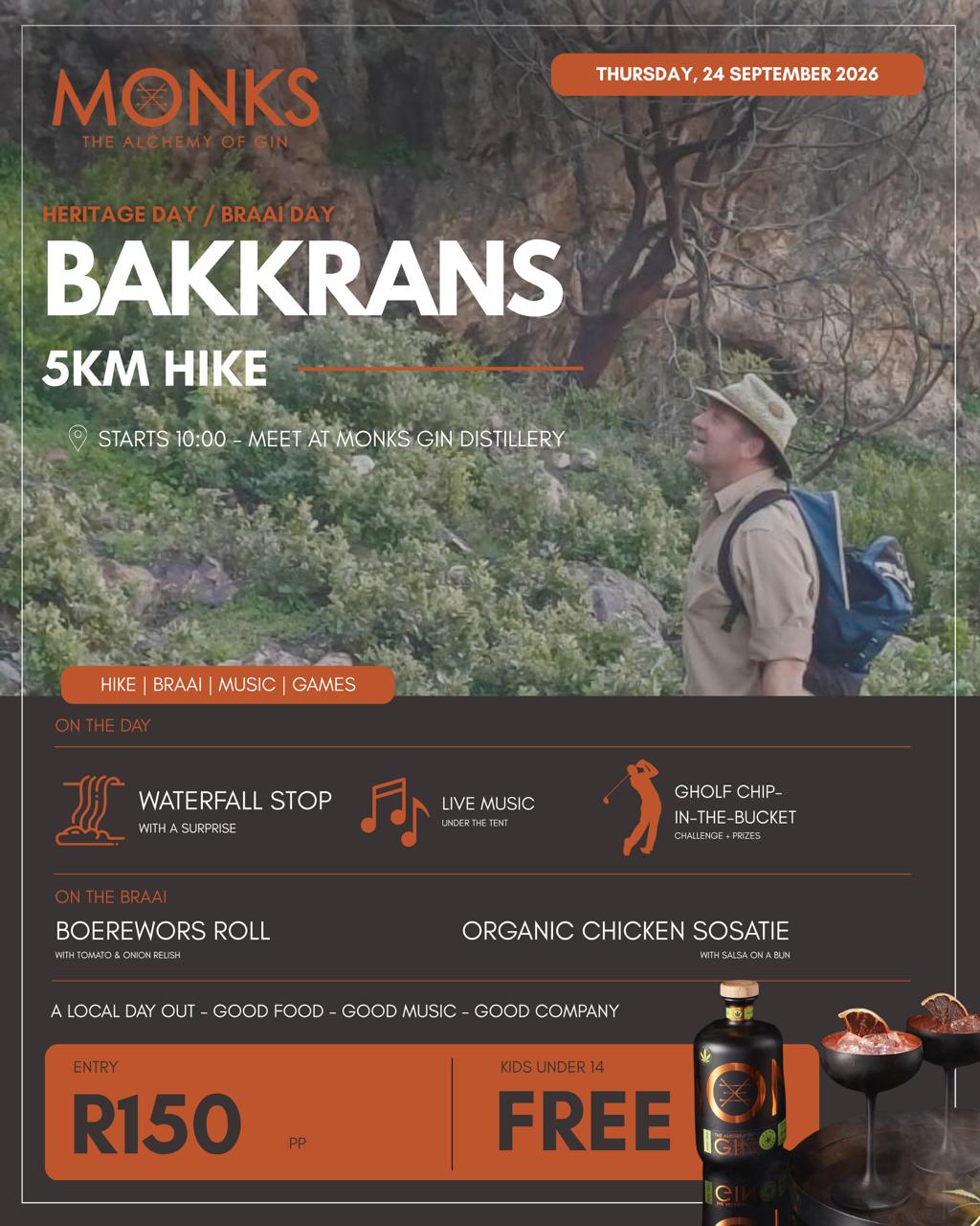 Monks Gin Heritage Day/Braai Day - Bakkrans 5km Hike - Ticket